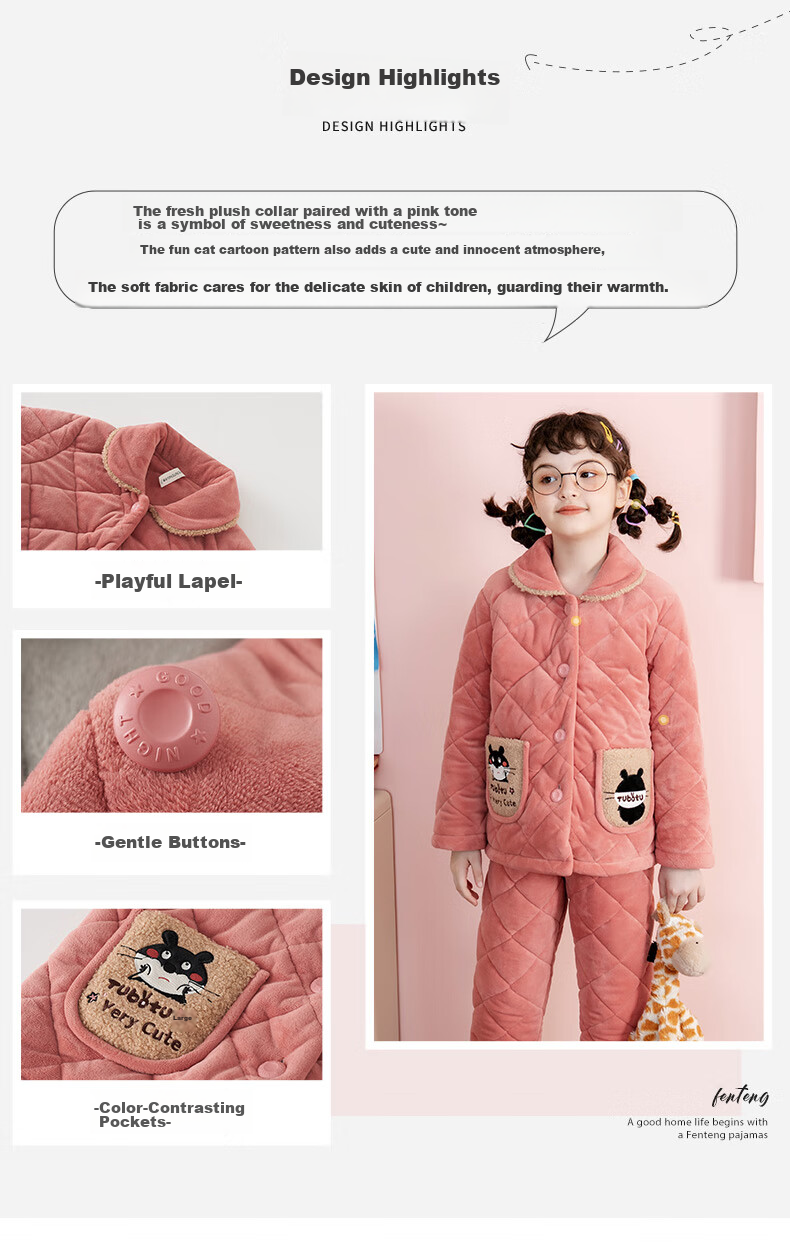 Fenteng Children's Pajamas for Girls, Warm Baby Fleece Three-Layer Quilted Thick Girls' Loungewear Q9984750924 2