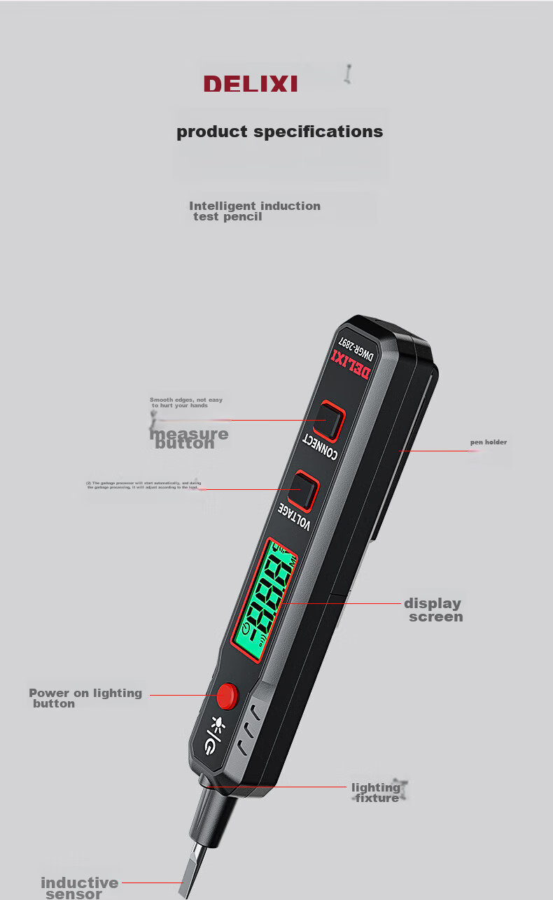Delixi Electric Pen 2897 Smart Voltage Tester Multifunction Wire Break Detection Digital Display Electrician Induction Test Pen 12