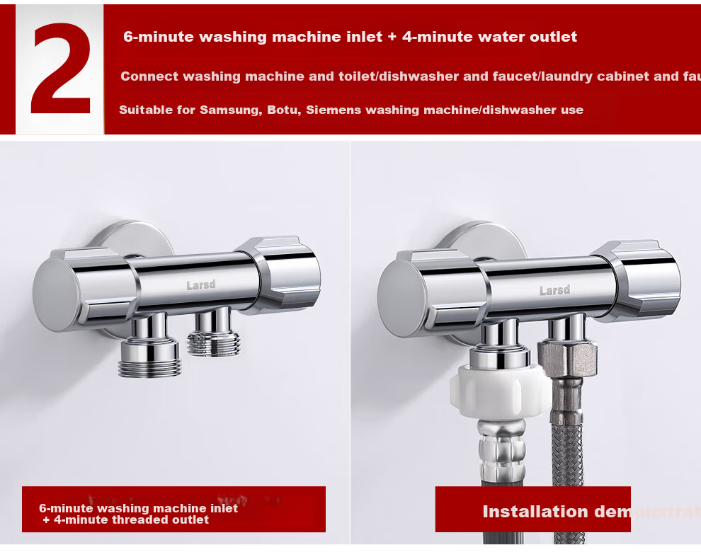 Larsd Dual-Purpose Angle Valve, One Inlet Two Outlets, Triangular Valve, One to Two, Figure-Eight Valve, with 4/6 Points Washing Machine Interface LD10217 7