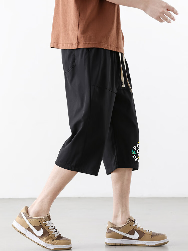 POUM Casual Cargo Capri Pants for Men, Summer Loose-Fit Trendy Quick-Dry Ice Silk Sports Shorts TQ05 Black L 13