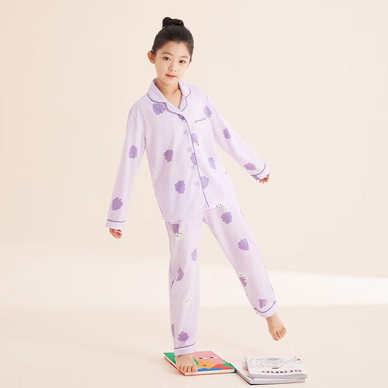 Hodo Children's Pajamas, Girls' Spring And Autumn All-Season Pure Cotton Loungewear, Long-Sleeve Top And Long Pants, Lapel Collar Set, M3512, Light Purple, Size 140