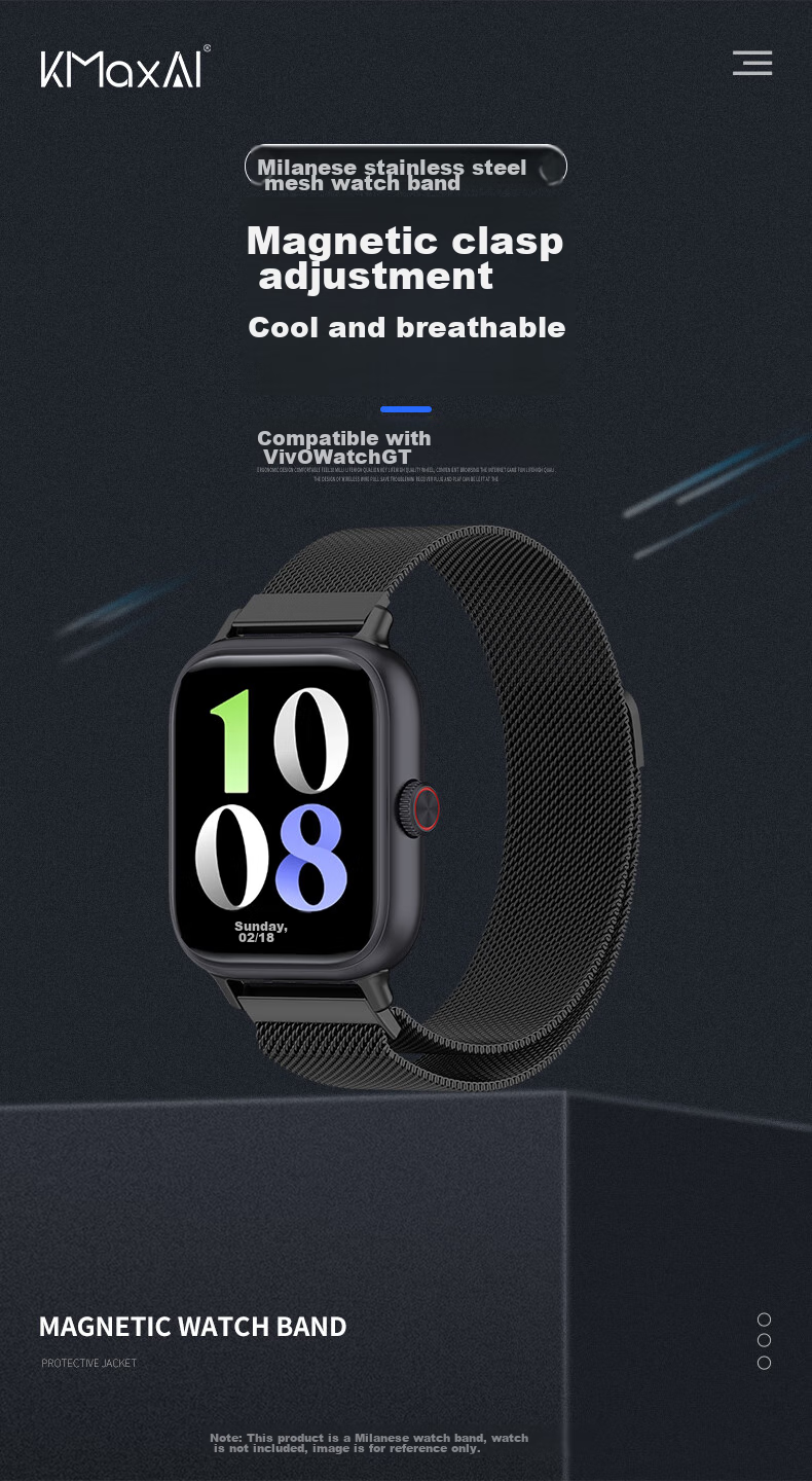KMaxAI Compatible with Vivo/iQOO WATCH GT Milanese Metal Strap, Magnetic Stainless Steel Braided Watch Band, Breathable Business Replacement Wristband, Creative Magnetic Clasp, Black 1