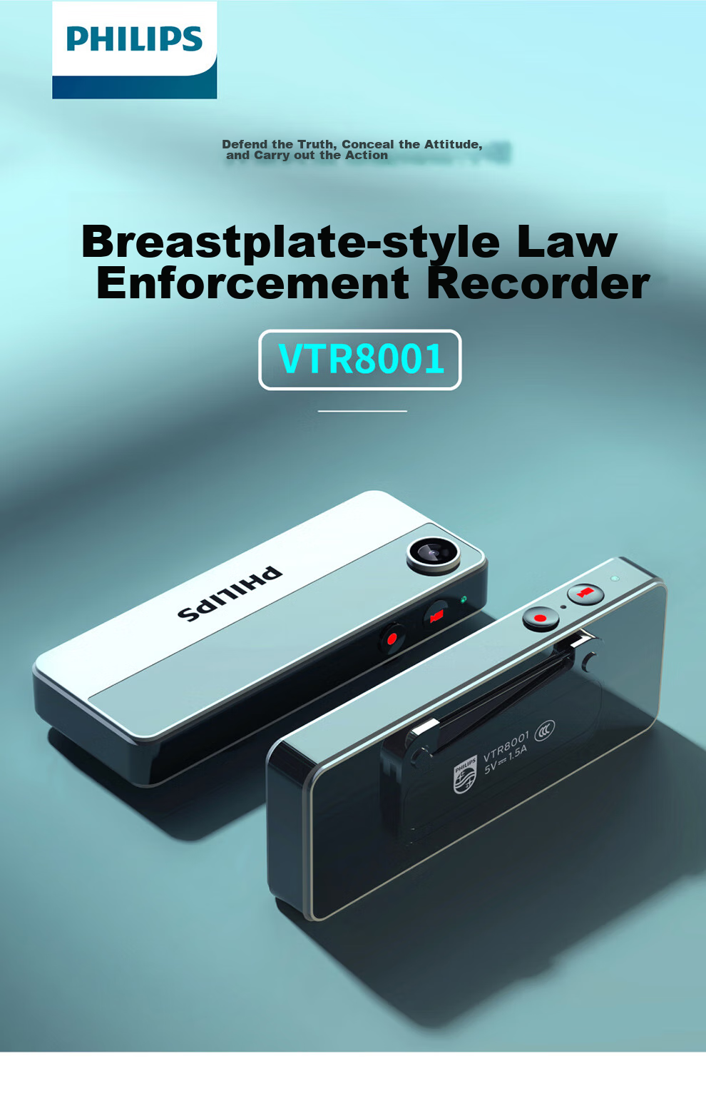 PHILIPS VTR8001 Badge-Style Law Enforcement Body Camera, Portable Chest-Mounted Mini Video Recorder, WiFi Connected, 128GB 1