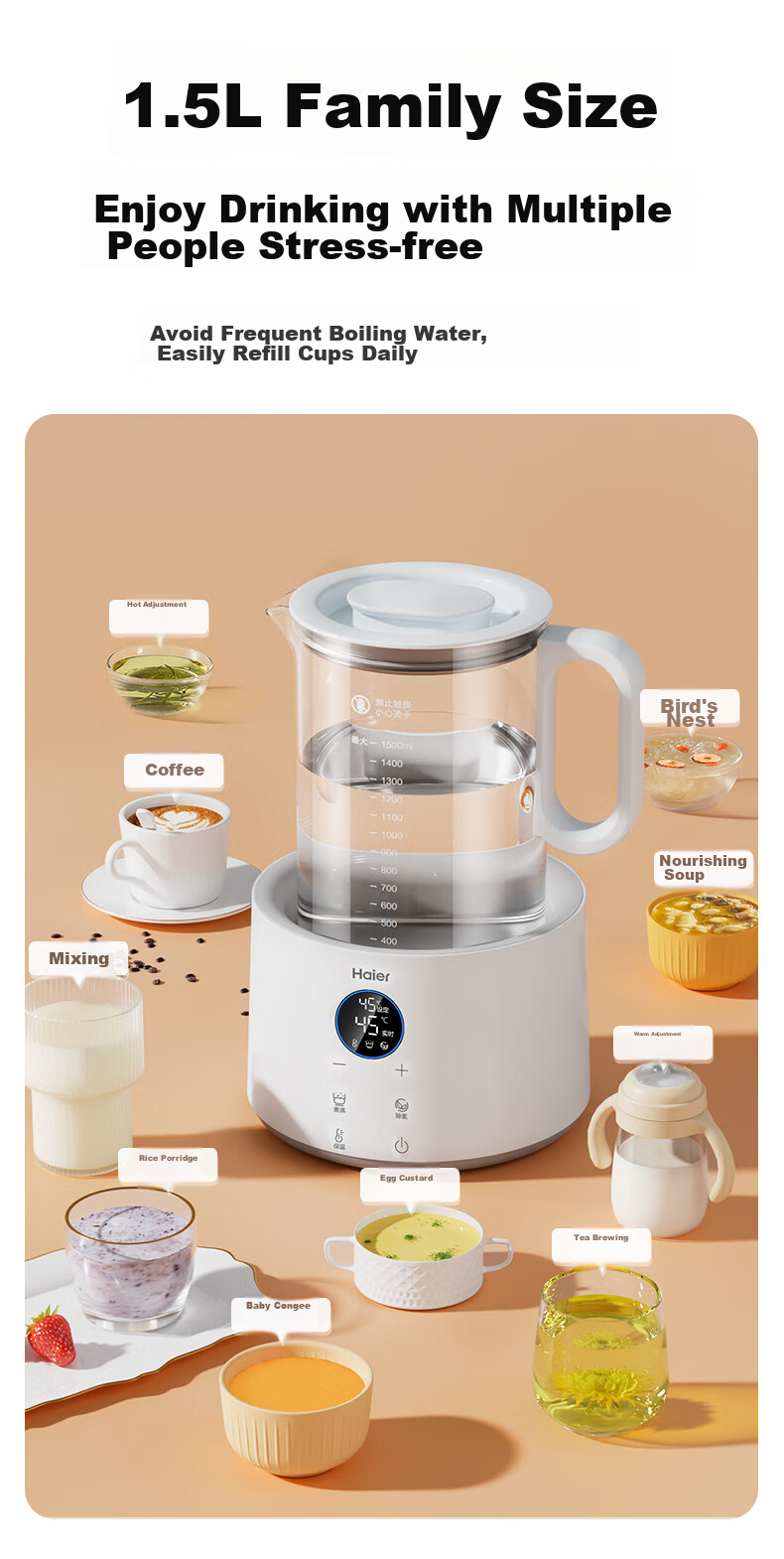 Haier 1.7L Electric Kettle Double-Layer Anti-Scald 304 Stainless Steel High Power Precise Boiling Fast Quiet Dual Power K617WJ White 11