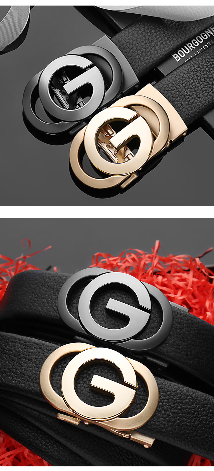 COW Men's Automatic Buckle Belt, Top-Grain Leather, Casual Jeans, Business Genuine Leather Trouser Belt, C-858 Gun Color 9