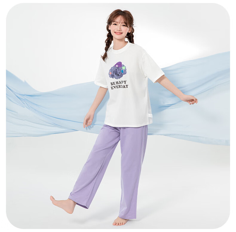 Inbolun Girls Summer Thin Short Sleeve Pajama Set for Older Children, High School Students, Homewear 20960 Off-White 175 16