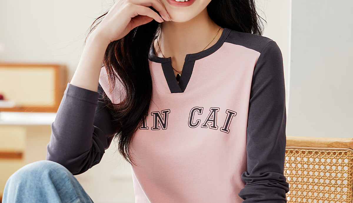 Pincai Women's Long Sleeve V-Neck Letter Print T-Shirt Unique Design Base Top P143T2037 7