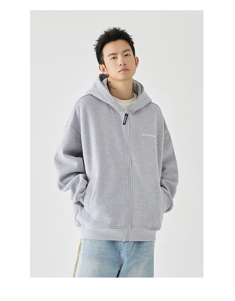 GOLFCROSS Couple's Sweatshirt, Spring And Autumn Letter Embroidery, Loose Hooded Cardigan Jacket, Gray, S 11