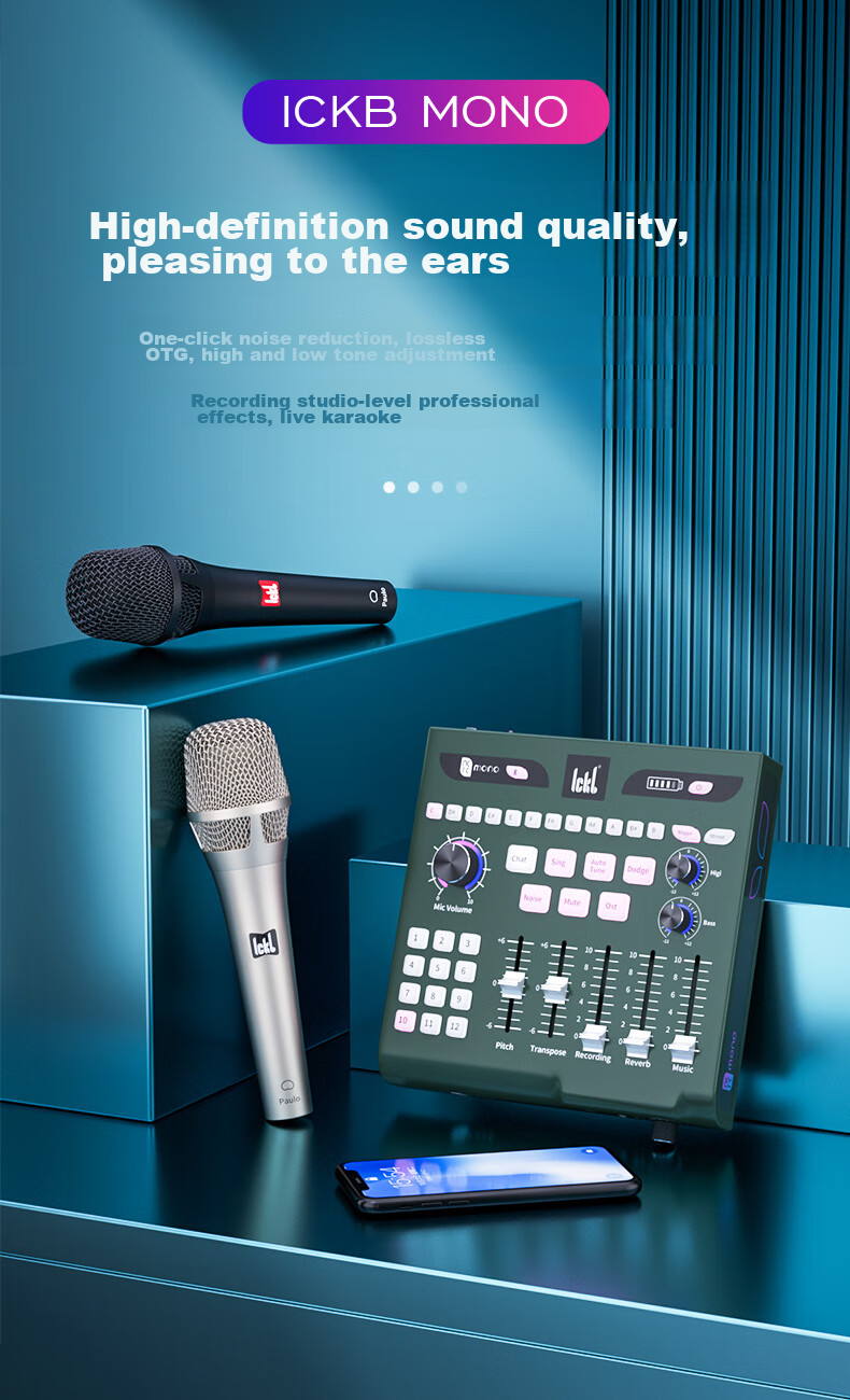 Ickb Mono Sound Card, Live Streaming Dedicated Karaoke Microphone, Compatible with Mobile Phones And Computers, Recording Microphone Equipment Set, for Internet Celebrities, Douyin, Kuaishou, Outdoor Recording, Microphone Sound Card Kit 2