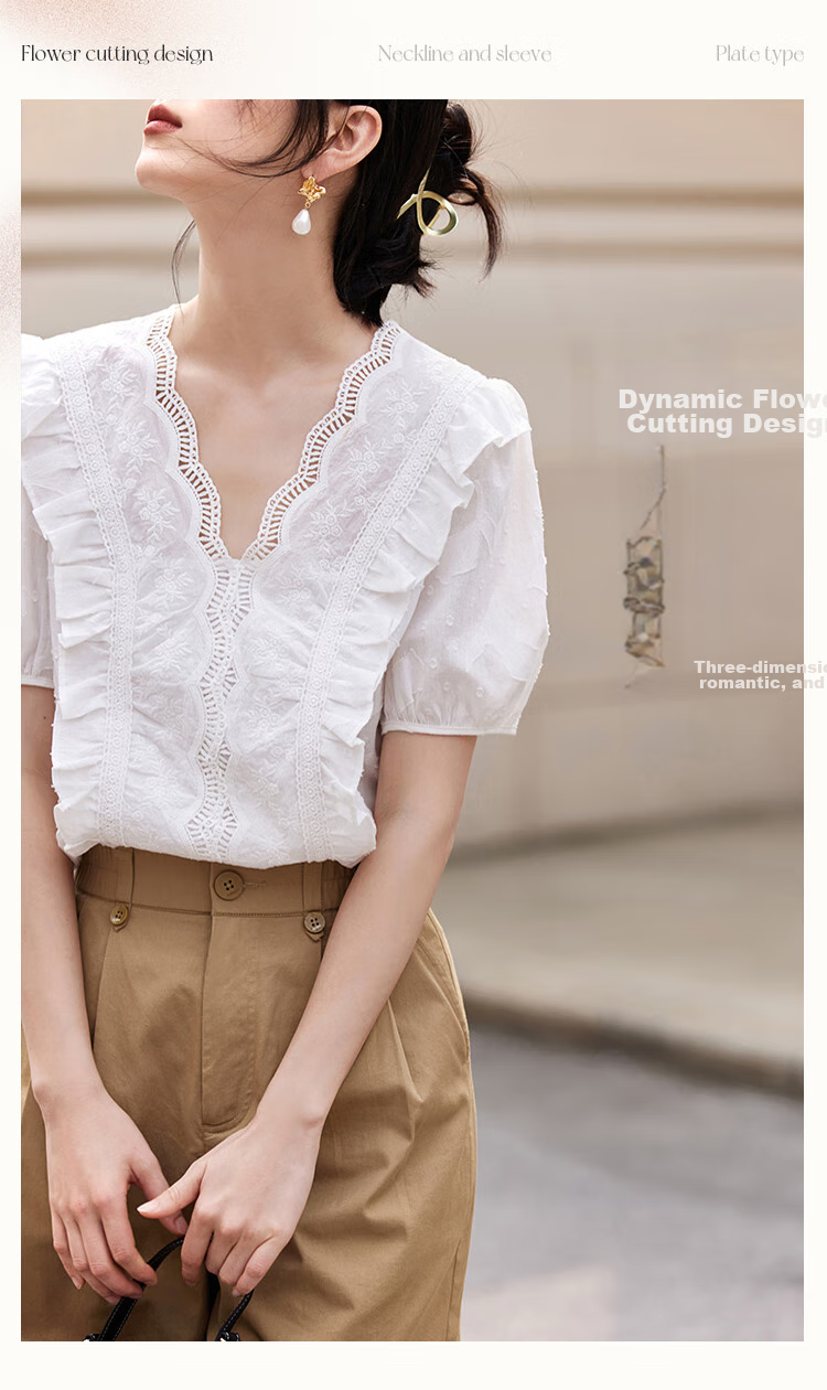 INMAN INMAN Lace Pure Color V-Neck Blouse, 2026 Summer New Arrival, Puff Sleeve Short-Sleeve Top, Pearl White, XL 3