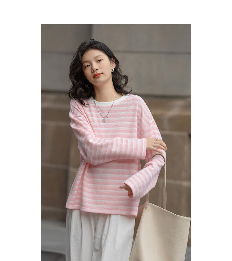 Dme [Coastline Diary] Spring Korean-Style Waffle Gradient Striped Top, Loose-Fitting, Flattering, Versatile Women's Sweatshirt 7