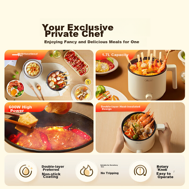 Bear Electric Cooking Pot, Small Electric Pot, Electric Hot Pot, Multi-Functional Steaming And Boiling Pot, Student Dormitory Instant Noodle Hot Pot for Home Use, V17D3 1.7L Electric Cooking Pot, Multi-Purpose Pot for 1-2 People