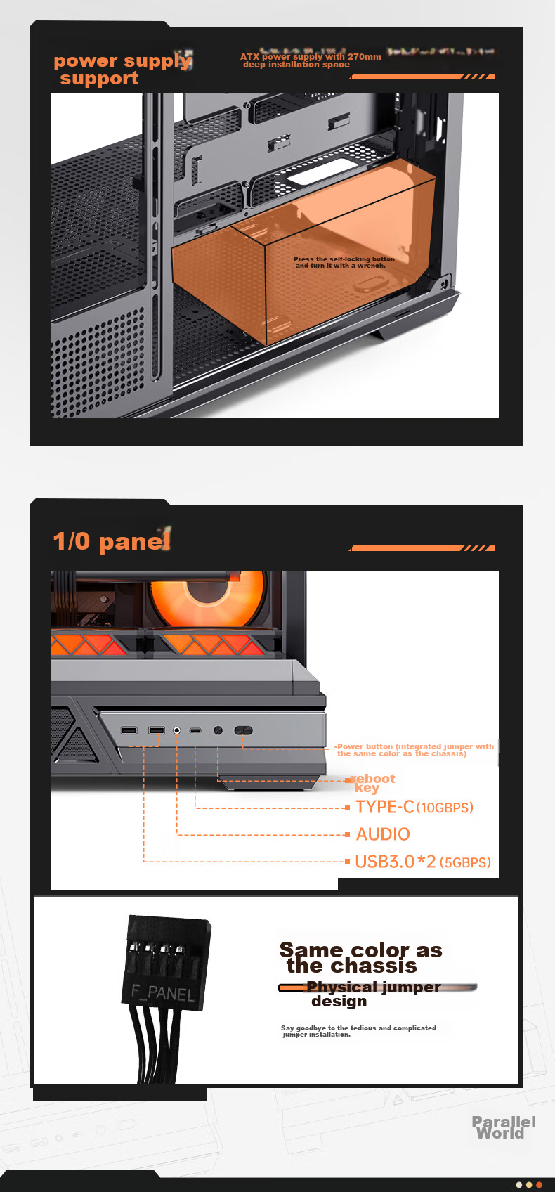Golden Field Parallel World Black Gaming Computer Desktop Case Compatible with Dual 360mm Water Cooling ATX Motherboard Three-Sided Quick Release Supports Back Mounting 270° Panoramic View 17