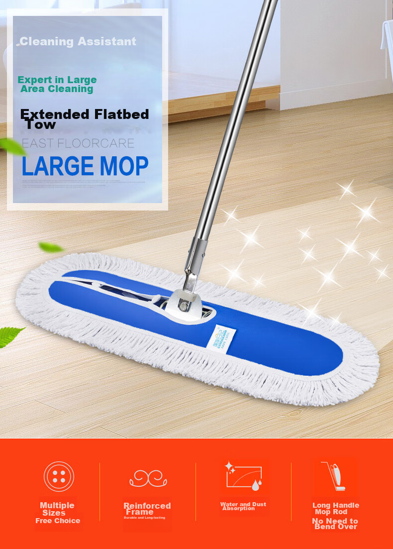 MEIJIARIJI Flat Mop, Commercial Large Dust Pusher 60cm with 1 Cloth, Cotton Yarn Canvas Wet And Dry Dual-Use Absorbent Cotton Yarn Floor Mop 1