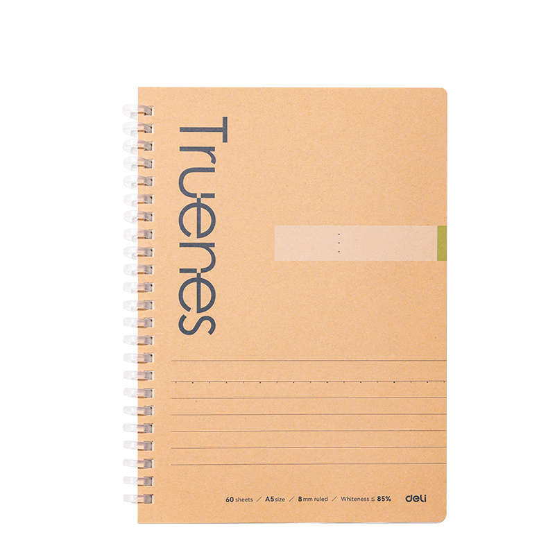 Deli A5/60 Sheets Soft Spiral-Bound Kraft Paper, Comfortable to Hold, Spiral Notebook, Student Single Notebook, LA560-T