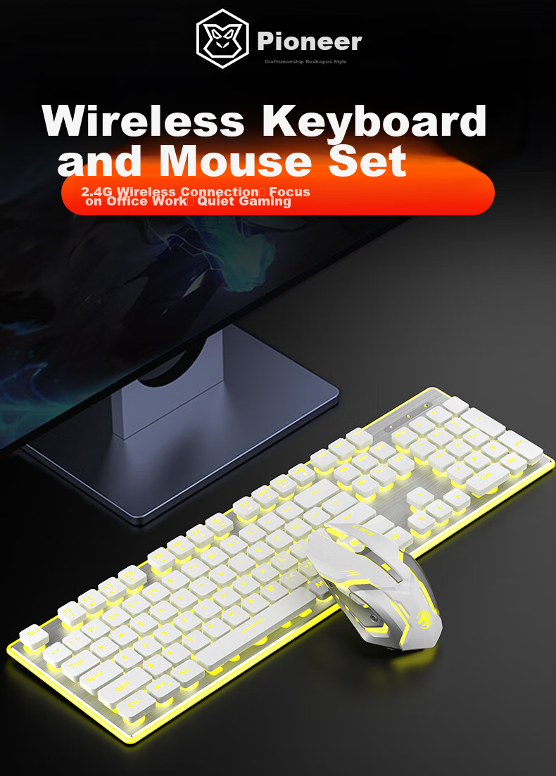 EWEADN X7S Wireless Keyboard And Mouse Combo, 108-Key Office Keyboard, Low-Profile Keyboard for Office, E-Sports Gaming, Universal for Desktop And Laptop Computers, Rechargeable Keyboard, White with Yellow Light 1