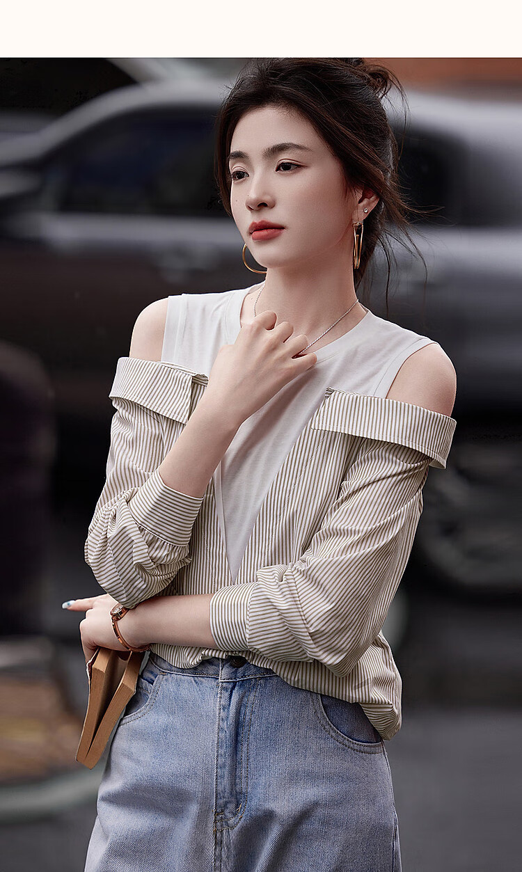Dme Round Neck Cotton Faux Two-Piece Off-Shoulder Shirt, Plaid Patchwork Blouse, Women's Top, Off-White, M 15