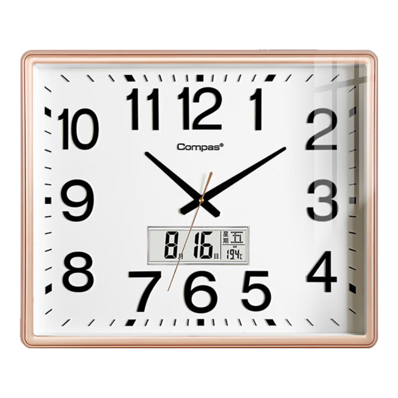 Compas Wall Clock, Living Room Timepiece, Quiet Classroom Quartz Clock, Wall-Mounted Timepiece, 3443A Calendar Model with Flash Gold, 52cm