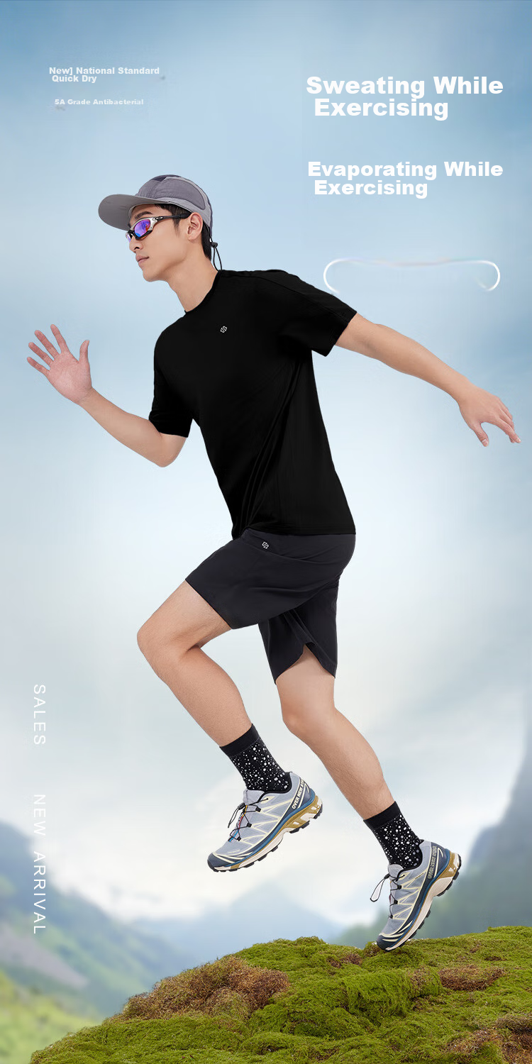 JD Original [Super Quick-Dry Set] Running Sportswear Set Moisture-Wicking Quick-Dry T-Shirt Five-Point Shorts for Men Spring/summer Black XL 1