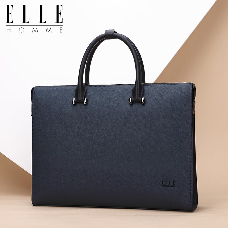 ELLE HOMME Men's Business Briefcase, Stylish Horizontal Cowhide Handbag, Large Capacity Laptop Bag for Men EA088208911 Blue