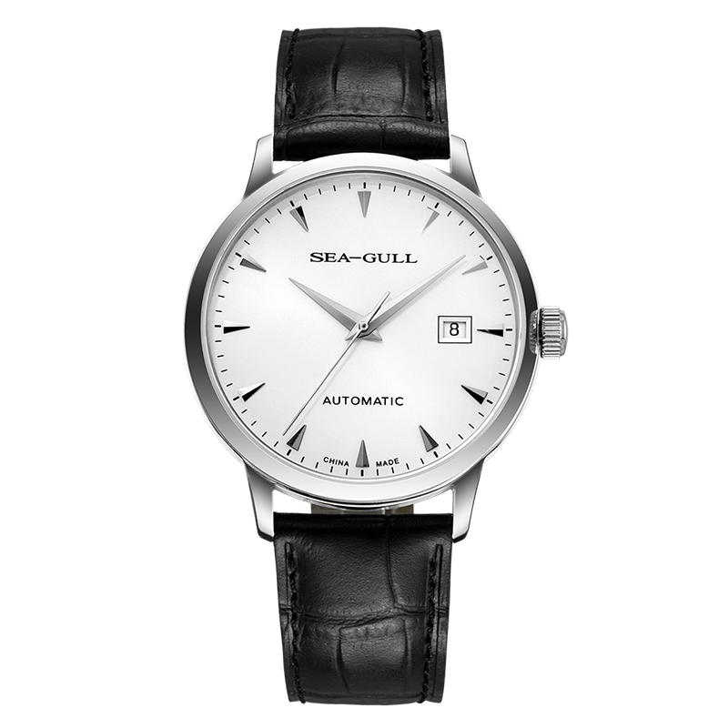 SEAGULL Men's Automatic Mechanical Watch with Date Display And Leather Strap, Birthday Gift for Men, Model 6613 White Dial with Barreled Movement