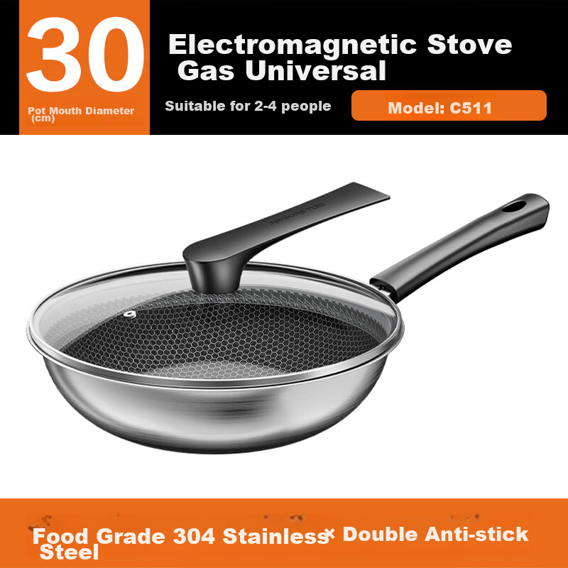 Joyoung Non-Stick Wok, 304 Stainless Steel Honeycomb Wear-Resistant Flat Bottom Frying Pan, Compatible with Stove, 32cm, Visible Lid, Stand-Up Design