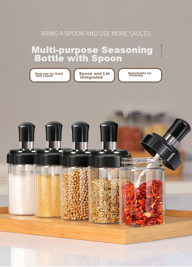 Xingfang Glass Salt Shaker Barbecue Seasoning Bottles with Spoon Lid, Sealed Storage Salt Containers for Home Use, Set of 6 1