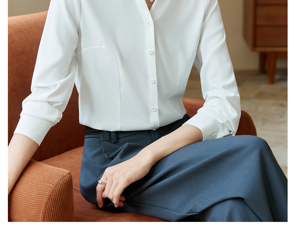Chushen Spring And Autumn Long-Sleeve Shirt for Women, V-Neck Collar, Casual Versatile Commuter Professional White Blouse S143C2049 M Size 13