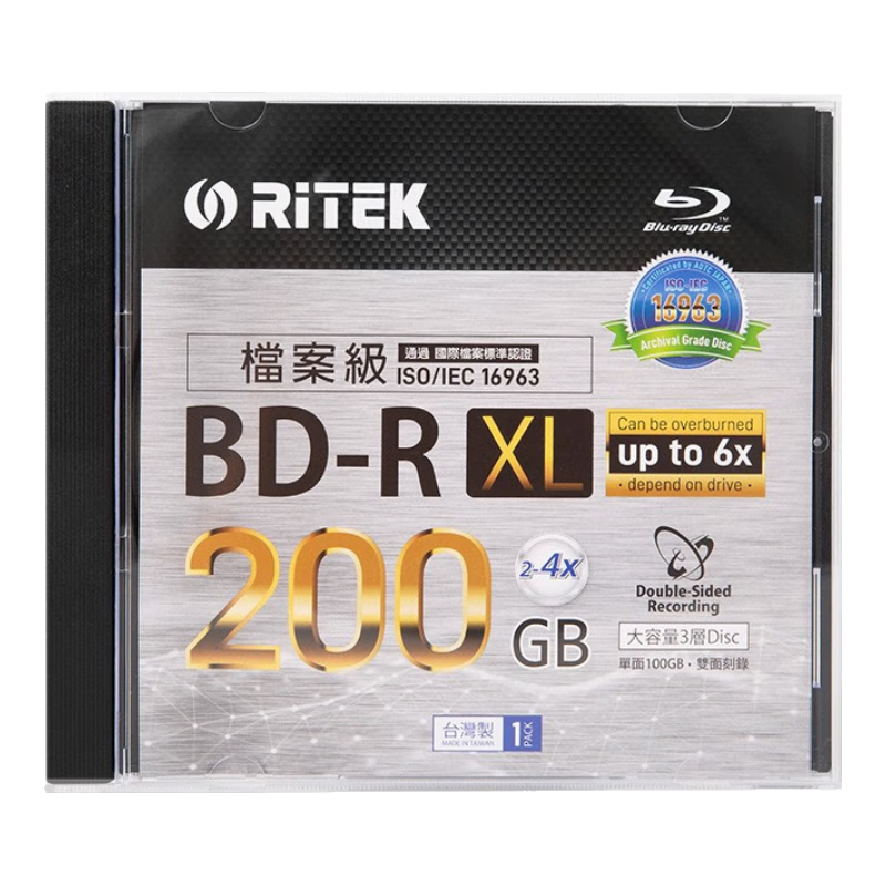 RITEK BD-R XL 200GB Recordable Blank Disc / Dual-Sided Recordable Blu-Ray Disc / High-Capacity Blu-Ray Disc, Single Disc in Box
