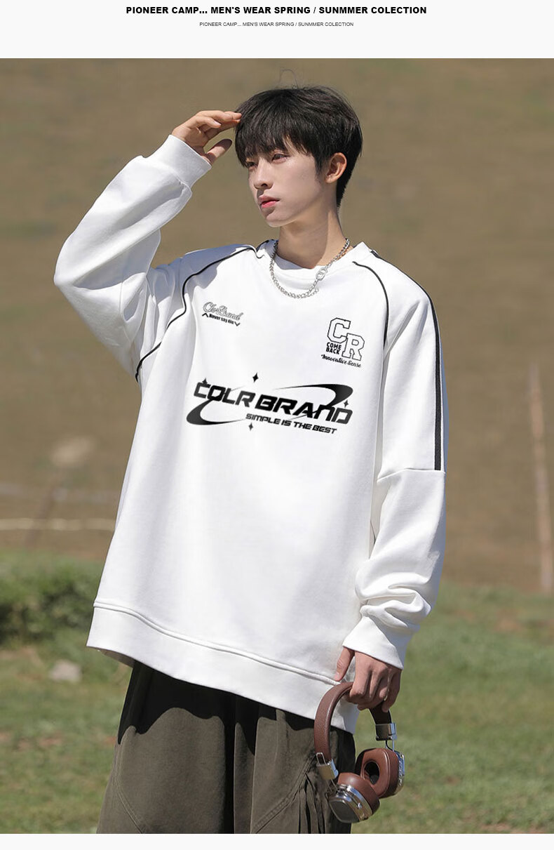 CLOR American-Style Striped Patchwork Sweatshirt for Men, Spring And Summer Style, Trendy Casual Loose Long-Sleeve T-Shirt WYC10 White M 12