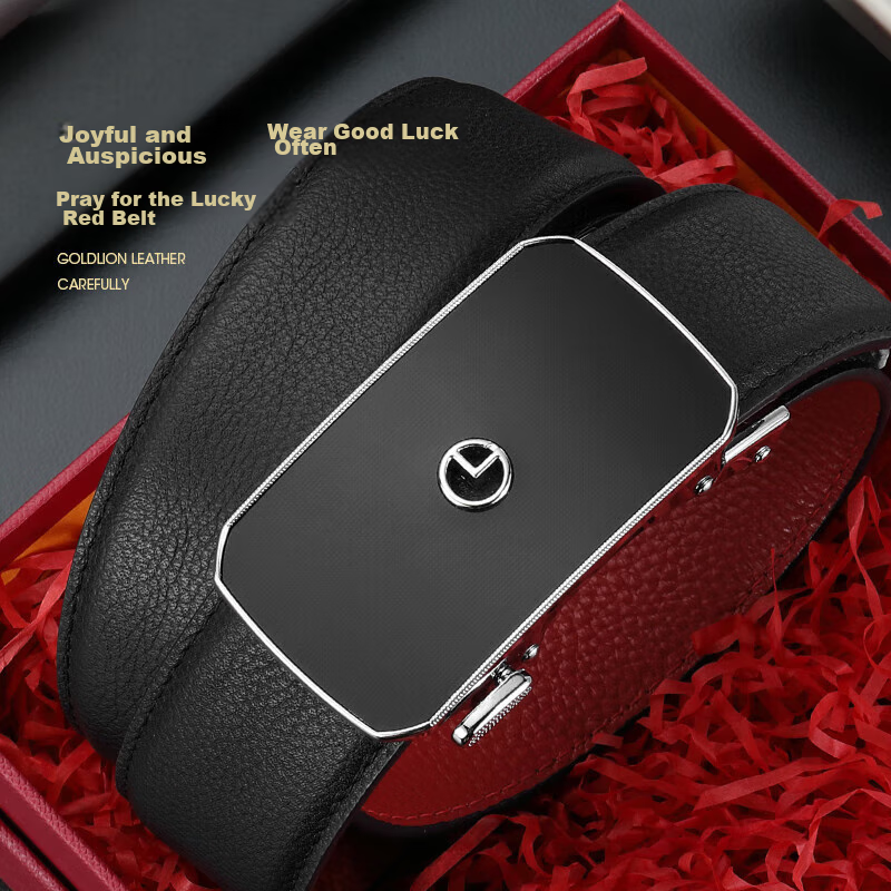 Goldlion Men's Belt, Top-Grain Leather, Automatic Buckle, Red Waistband Gift Box, Zodiac Year Trouser Belt, Birthday Gift