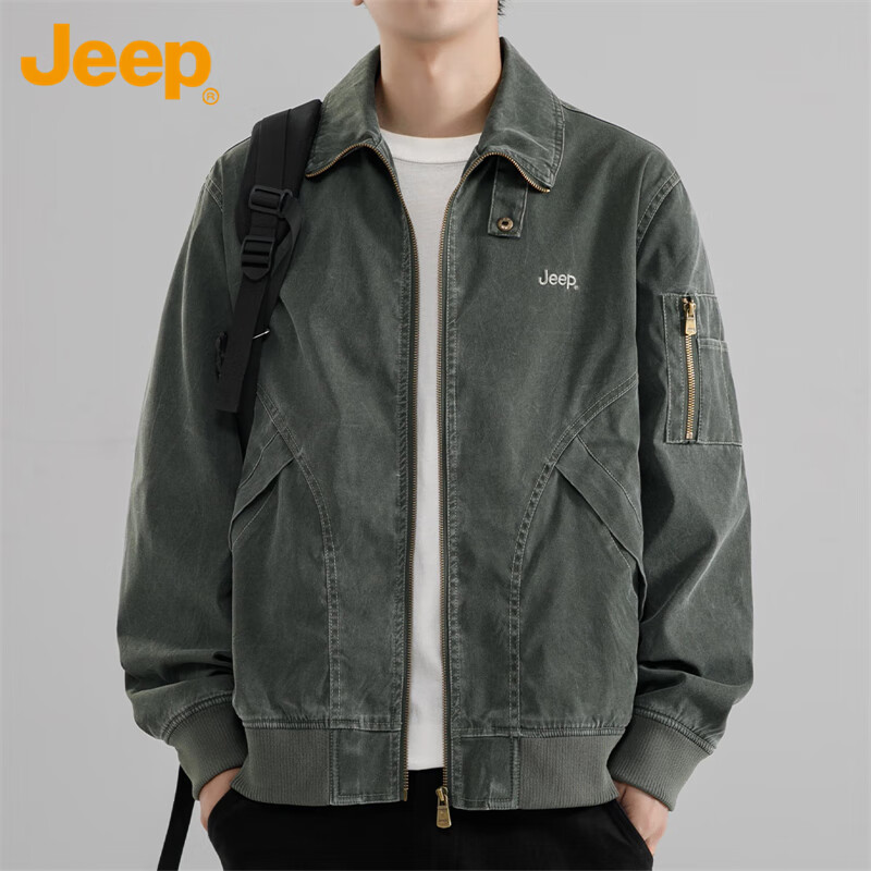 JEEP Men's Jacket, Spring And Autumn Casual Loose Workwear Lapel Coat, Army Green, Size L