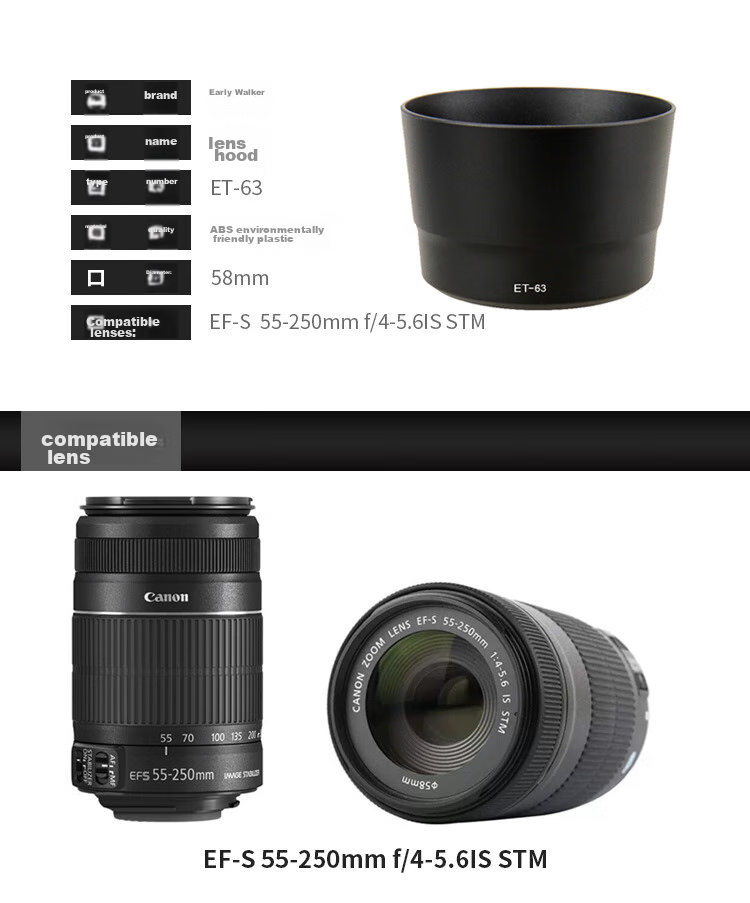 Earlymen ET-63 Lens Hood for Canon EF-S55 STM, Compatible with 58mm Lenses for 80D, 90D, 200D II, 850D, 800D DSLR Cameras, Accessory 4