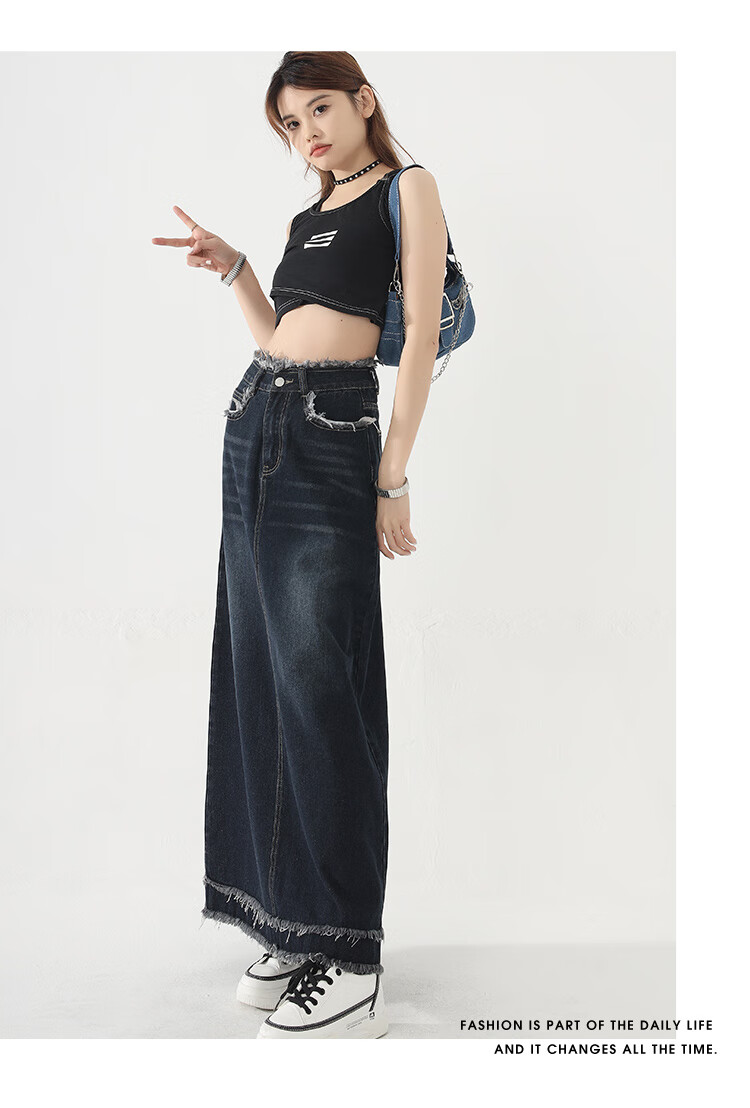JEANSWEST Denim Skirt for Women, 2024 Autumn Vintage Style, Petite French A-Line Slimming Design, Dark Blue, Size S 7