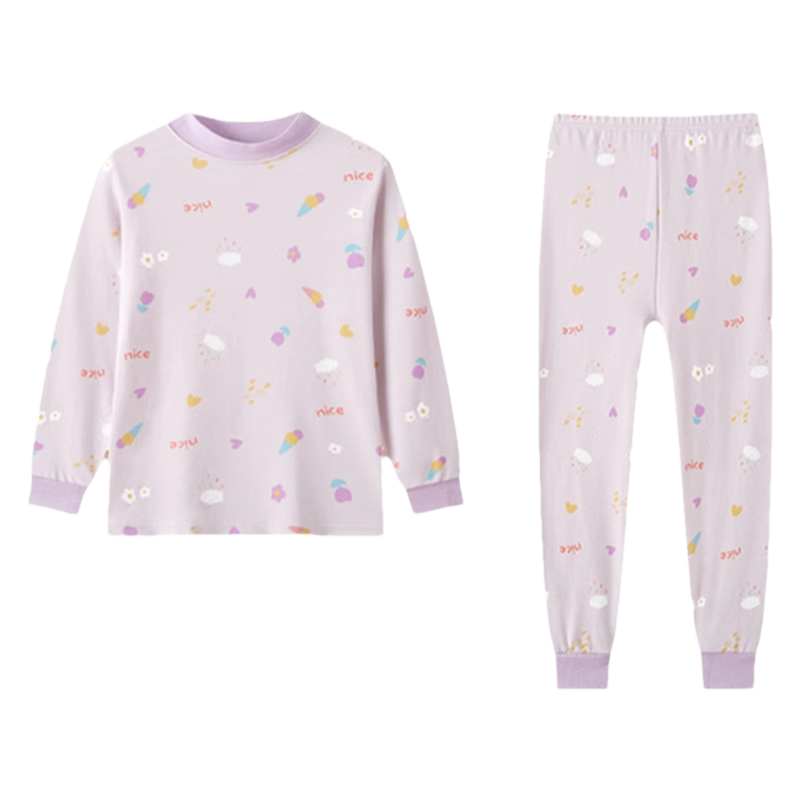 DEESHA Girls 100% Cotton 5A Grade Antibacterial Thermal Underwear Set Autumn Clothes Light Purple Floral Print Size 140