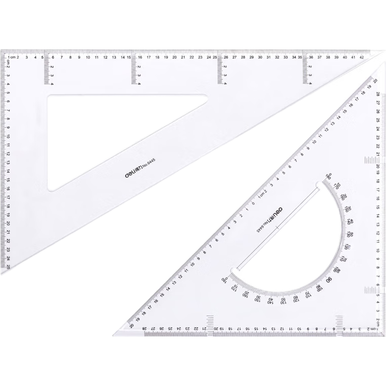 Deli 43cm Triangle Ruler, Equal-Sided Right Triangle Ruler + Hypotenuse Triangle Ruler, High Transparency Wear-Resistant with Protractor, 2-Piece Set, College Entrance Exam Blessing Gift