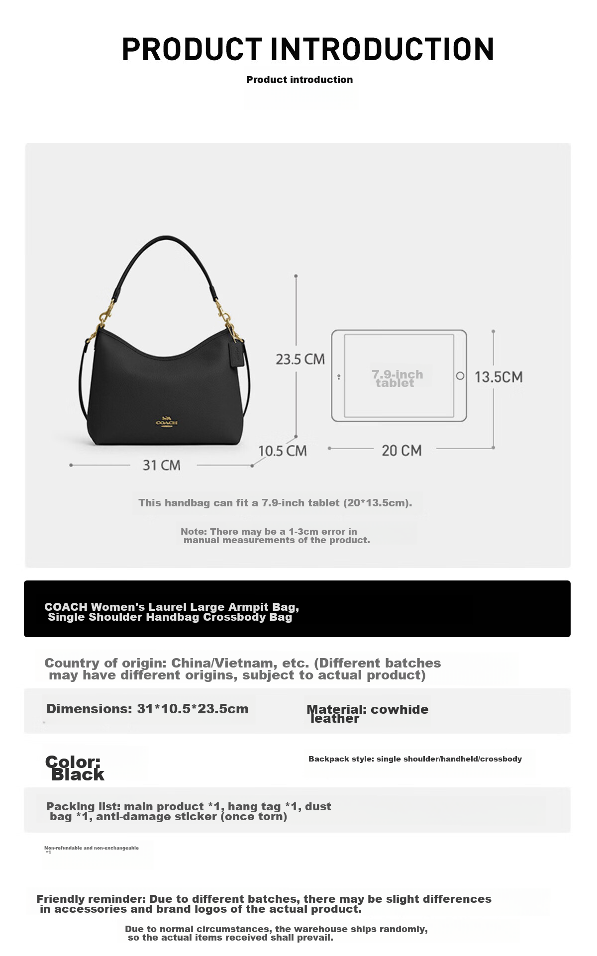 COACH [Brand Direct Supply], Women's LAUREL Handbag Shoulder Crossbody Tote Bag, Black CR148 Gift 1