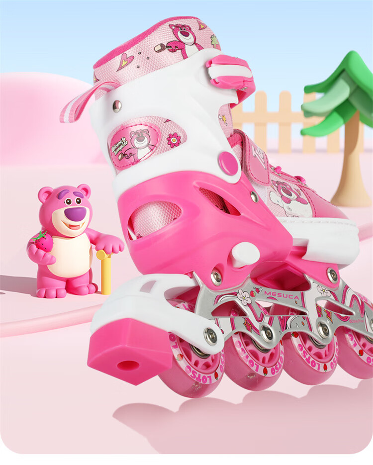 Disney Strawberry Bear Children's Roller Skates, Full Flash Inline Skates, Adjustable Ice Skates for Girls, Beginner Skating Shoes 24