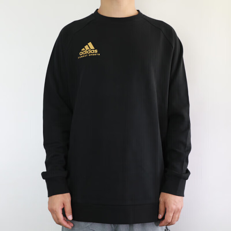 Adidas Men's Sweatshirt, Round Neck Pullover, Spring Windproof Warm Long Sleeve Jacket, Black Gold (Cotton), S