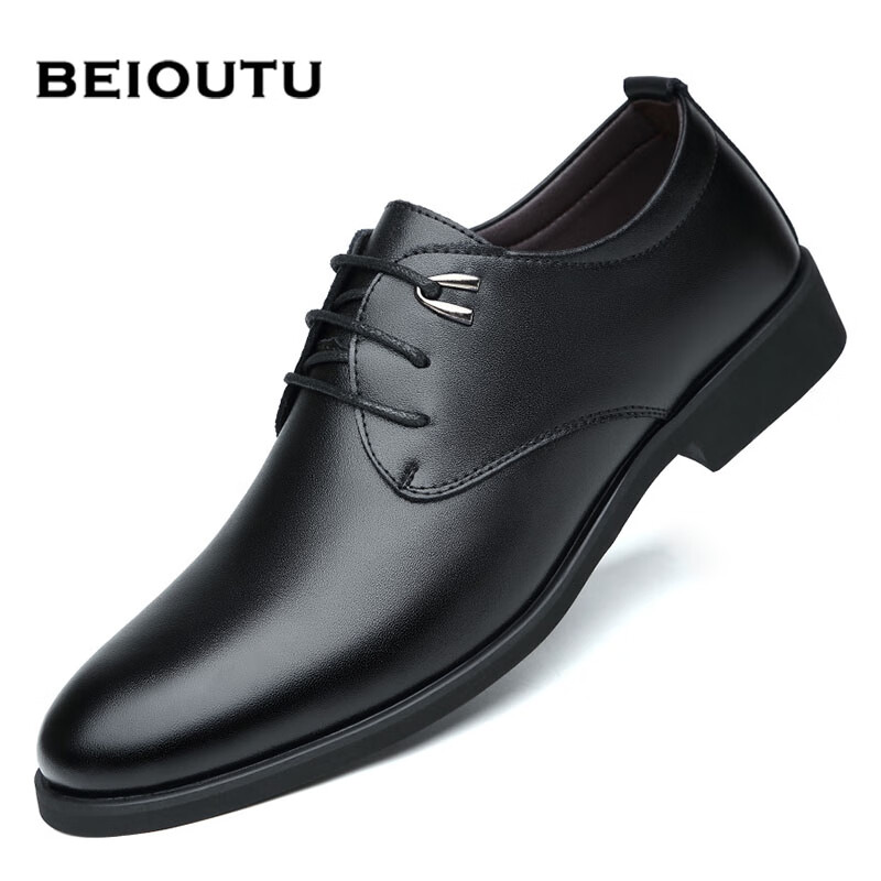 BEIOUTU Men's Formal Shoes, Fashionable Lace-Up Wedding Low-Top Cowhide Business Casual Shoes, 511 Black, Size 39