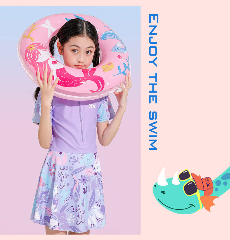 XTEP Children's Swimsuit, One-Piece Dress Skirt Swimming Suit for Girls, Suitable for Big, Medium And Small Children, Baby Hot Spring Swimwear, Pink, Size 130 8