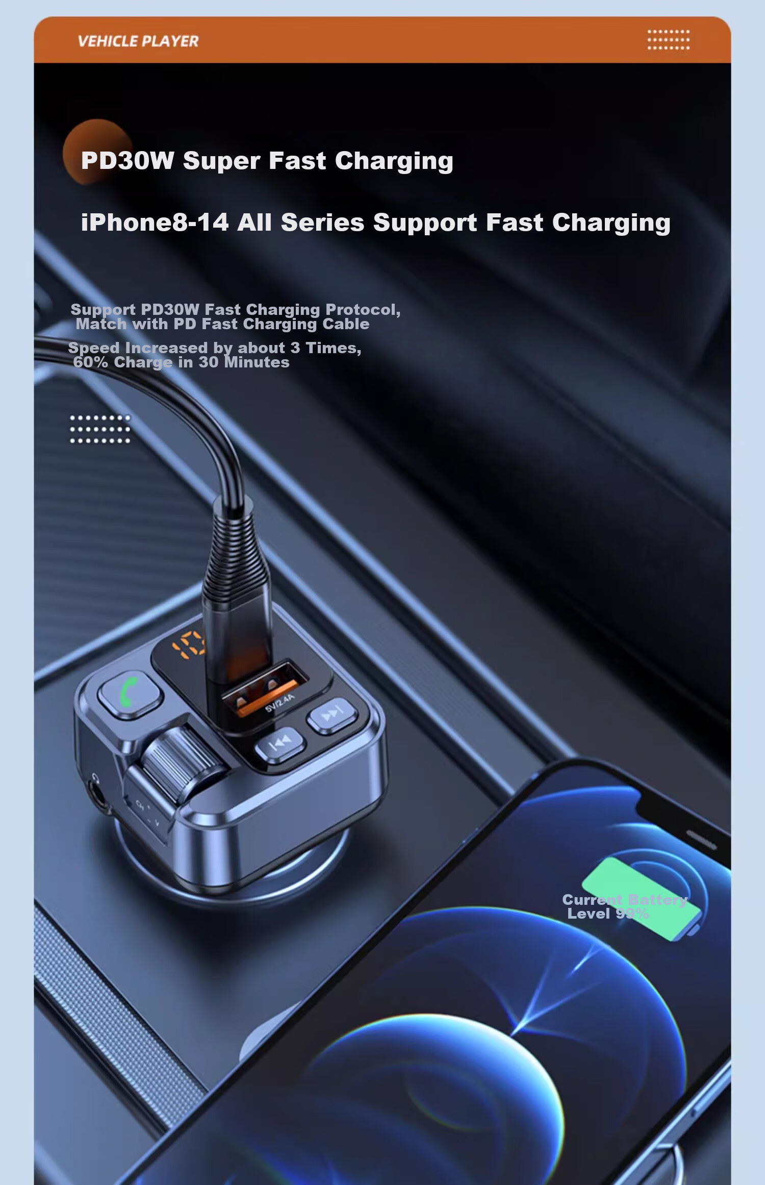 Beiteng Car MP3 FM Transmitter PD30W Fast Charging 2.4A, Bluetooth Hands-Free AUX Play, Car Charger T16 + Data Cable 5