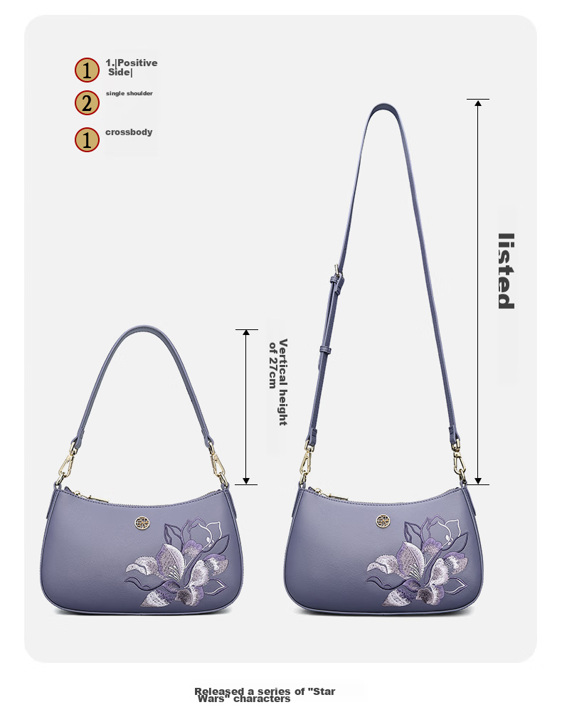 PmSix Women's Handbag, Cowhide Leather, New Chinese Style, Embroidered, Large Capacity, Crossbody Underarm Bag, Mom's Red Wedding Bag, Mid-Autumn Festival Gift 5
