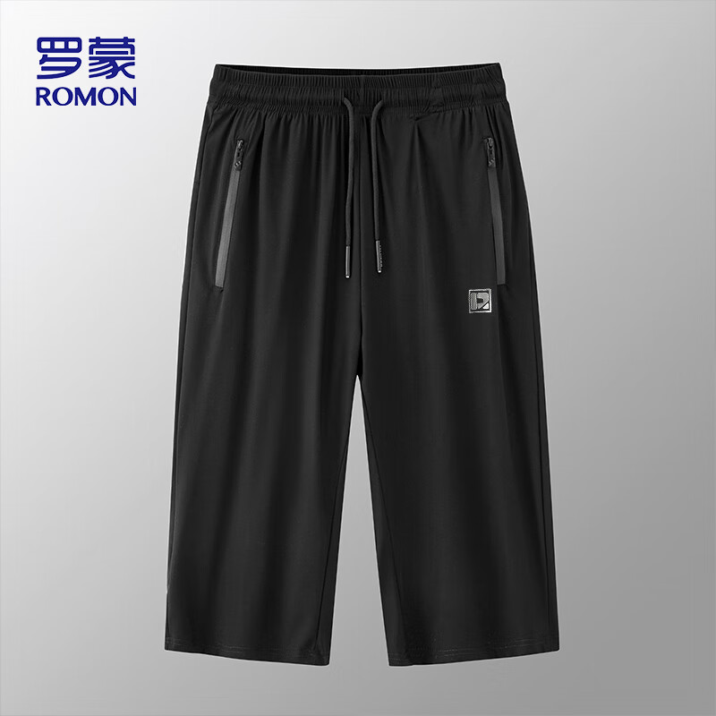 ROMON Men's Casual Summer Ice Silk Seven-Point Sports Shorts Thin Quick-Dry Pants DK79 Black 2XL
