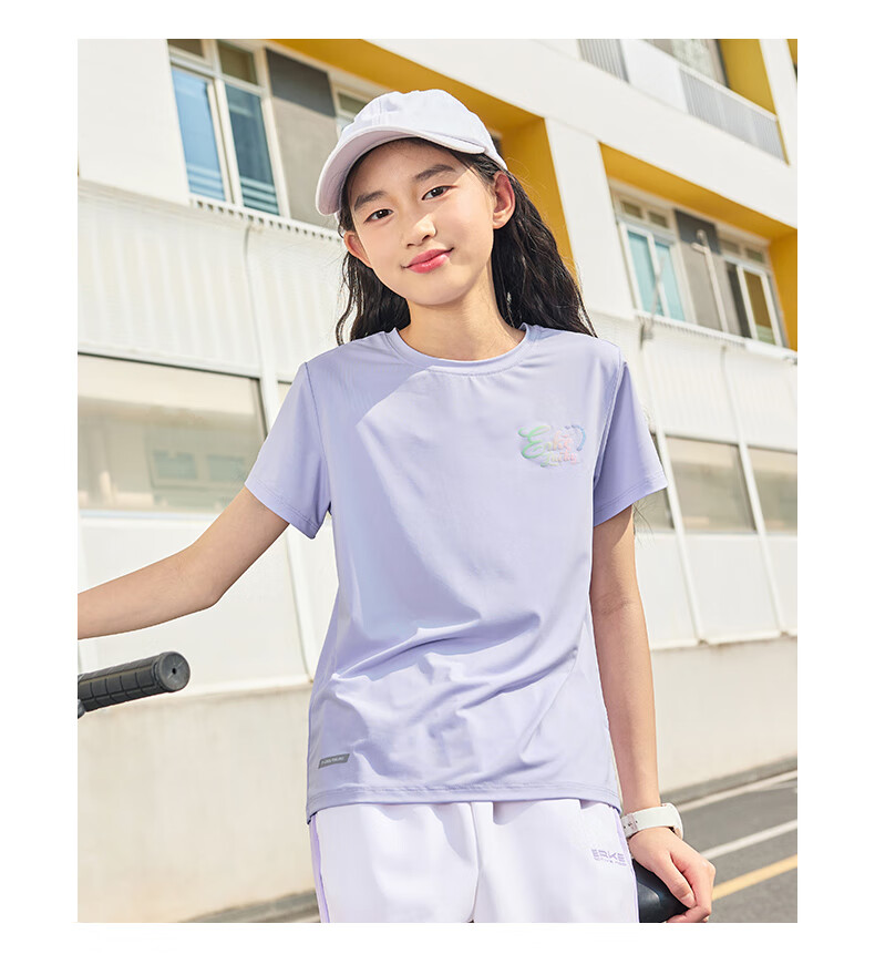 ERKE Girls' Round Neck Knit Short-Sleeve T-Shirt for Older Children, Summer Campus Youth Style, Cream Sweet Peach Color, Size 130 14