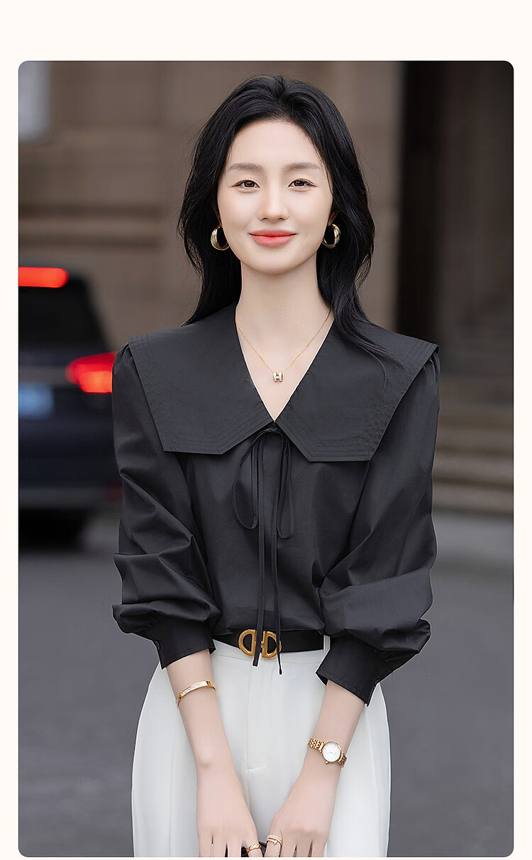 Dme [Will Breathe Cotton] Spring And Autumn Japanese Artistic Turndown Collar Tie-Up Shirt with Puff Sleeves, Concealing Body, Women's Blouse Top 2