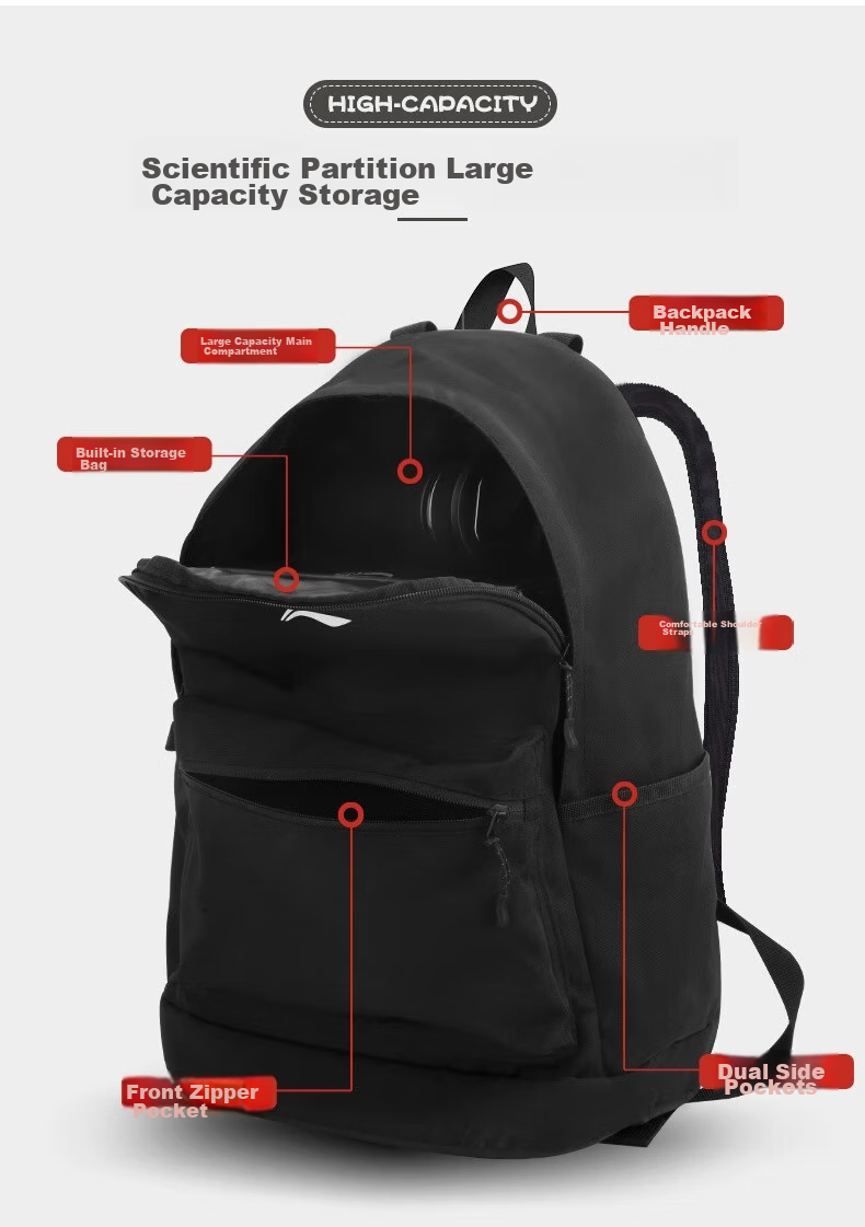 Li-Ning Backpack Large Capacity Lightweight Travel Bag for Middle And High School Students, Business Trips, Hiking And Laptop Carrying Black 12