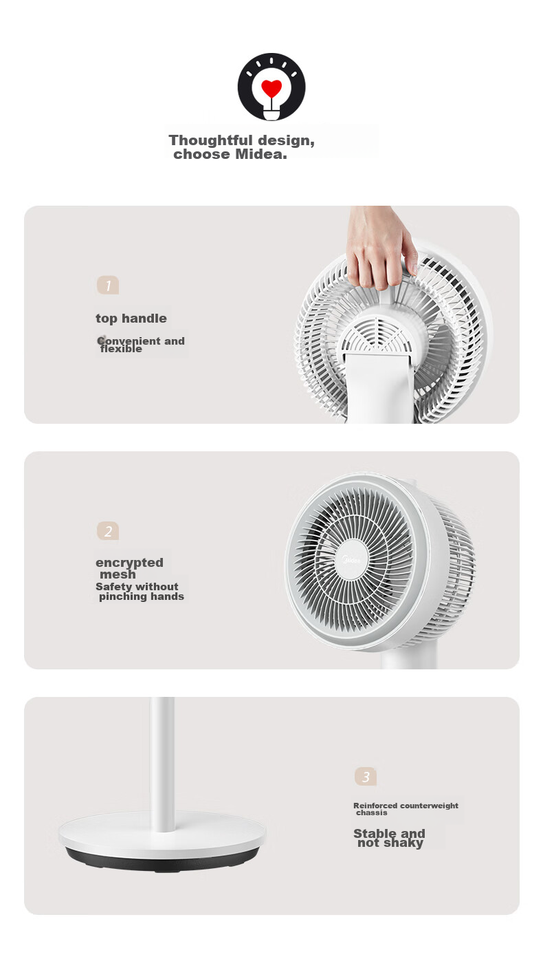 Midea [Storm Circulation] Air Circulator Fan, High Airflow Electric Fan, Floor Fan, Quiet Home Desktop Oscillating Fan, Bedroom Energy-Saving Small Fan, Gentle Wind Light Feather Fan FGA24TQ 33