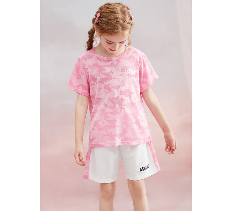 ASK JUNIOR Girls' Summer Thin Short-Sleeve T-Shirt And Shorts Set, Quick-Dry Running Children's Two-Piece Outfit, Pink, Size 140 6
