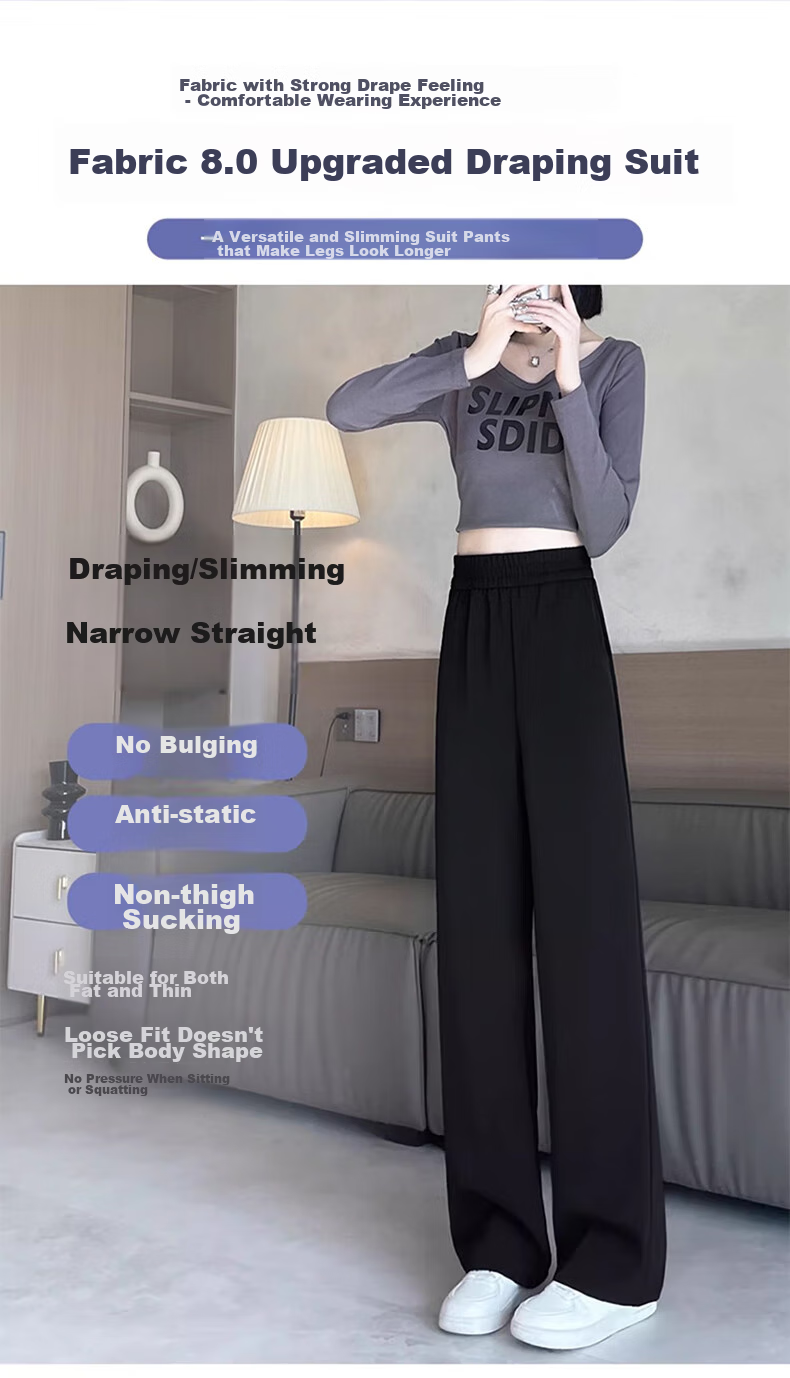LangSha Black Straight-Leg Dress Pants, Summer Ice Silk Draping High-Waist Wide-Leg Pants for Women, Loose-Fitting Slimming Casual Trousers 8